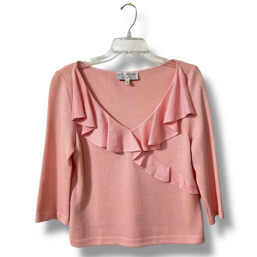 St. John by Marie Gray V-Neck Ruffle Quarter Sleeve Knit Top Size 8